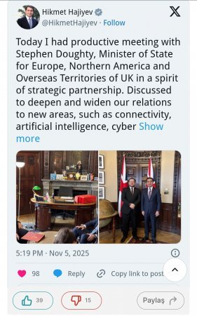 Hikmət Hacıyev Böyük Britaniyanın dövlət naziri ilə görüşüb